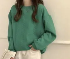 SHEIN 원 사이즈 케이블 뜨개질 퀼팅 스타일 스웨트 그린