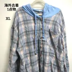 海外古着 1点物 ブルー 青 フード付き チェック柄 シャツ XL