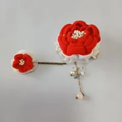 私の手作り/つまみ細工/クリップ&ブローチとへアーピンセット/ 2点/古布