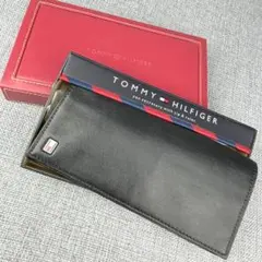 良品トミーヒルフィガー◆メンズ 2つ折りロングウォレット 小銭入有 本革 黒