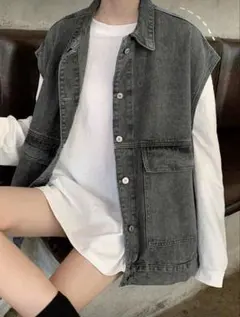 ダークグレー デニム ノースリーブジャケット