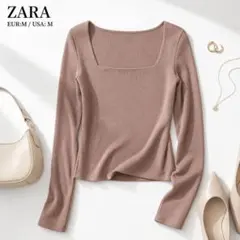 【美品】ZARA スクエアネック リブニット M ブラウン 長袖 ショート丈