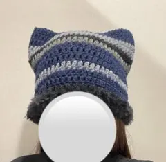 猫耳帽子　猫耳ニット帽　ビーニー　クロシェハット　もこもこ　y2k ハンドメイド