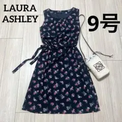 美品✨LAURA ASHLEY　ウエストリボン上品花柄ワンピース　ブラック　9号