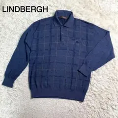 LINDBERGH ネイビーカラー チェック柄 長袖 ポロシャツ