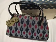 [値下げ] 和装用バッグ かすり グレー地 がま口 内サイズ約24×13×6cm
