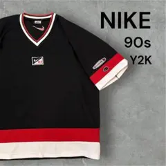 y2k NIKE 90s 銀タグ SWOOSH18 メッシュTシャツ 黒×赤×白 ナイキ 90s銀タグ 希少USA製 刺繍ロゴ ゲームシャツ supreme元ネタ