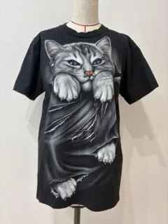猫グラフィック 半袖Tシャツ ブラックのサムネイル