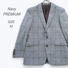 a3240▶ネイビー　テーラードジャケット【M】グレー　チェック　毛混　秋冬