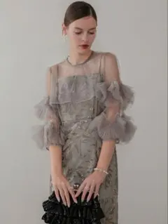 フラワースパンコールチュールフリルスリーブIラインワンピースドレス結婚式二次会