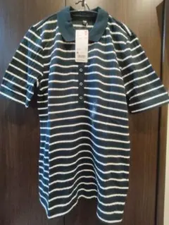 新品未使用タグ付き　UNIQLO リブボーダーポロシャツ M　ダークグリーン　綿