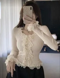 DAZY レース切り替えボタンダウンカーディガン、長袖トップス、秋の女性服