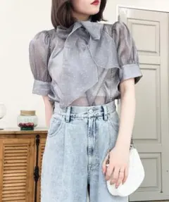 Heather グロッシーボウタイブラウス
