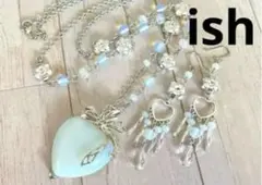 【C074】ishミルキークォーツハート・フラワービーズネックレス＆ピアス