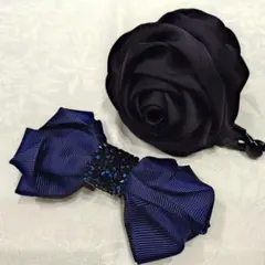 黒いバラ型ヘアクリップ 紺色リボン型　バレッタ　ヘアアクセサリー2点セット
