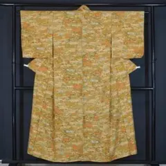 橙色　草花の総柄　正絹染小紋　カジュアル　お稽古　150cm　l914