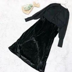 A3368【AMESUN】未使用品✨ブラックベルベット風ワンピース/切替/黒