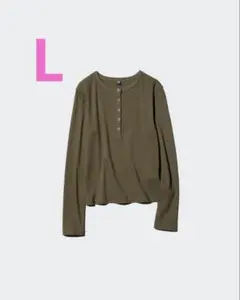リブヘンリーネックT オリーブ色 ボタン付きヘンリー長袖カットソー