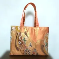 帯リメイク、刺繍入りオレンジトートバッグ
