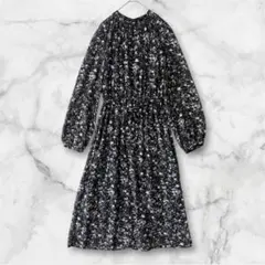 HUDSON honey /花柄長袖ワンピース ウエストゴムリボン付き L