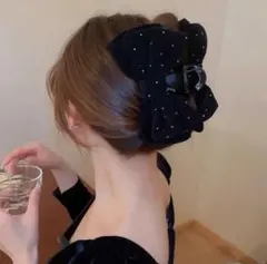 人気 ヘアクリップ バンスクリップ リボン ヘアーアクセサリー 黒 パール