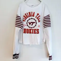 Virginia Tech Hokies 長袖Tシャツ M 袖リブ 白 ワイン