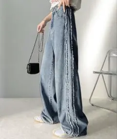 フリンジ付きライトブルーワイドレッグデニムのサムネイル