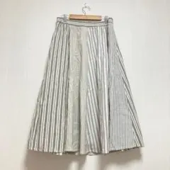 【ザラ】ZARA ストライプ ロングフレアスカート グレーレディースL リネン混