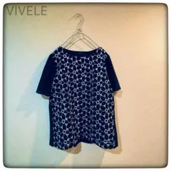 ◆VIVERE｜L 花柄刺繍 半袖 ネイビー×ホワイト 総柄 異素材