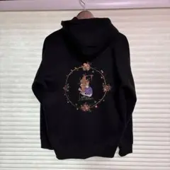 LEFT ALONE 裏起毛パーカー 刺繍 スパゲティ 猫 黒 Lサイズ