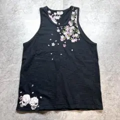 00s【花旅楽団】刺繍タンクトップ/スカル 桜　Y2K V系　お兄系　グランジ◎