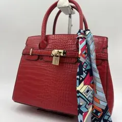 ハンドバッグ 2WAY スカーフ付き クロコ型押し カナデ 南京錠 鋲 自立