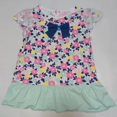 120★ミキハウス★リボン付き！ロゴ＆リーナちゃん刺繍！お花柄カットソー★