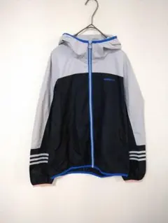 アディダス　ナイロンジャケット　レディースL　黒・グレー　バイカラー　青刺繍ロゴ