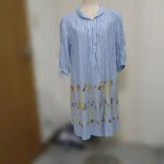 スーパーハッカ青と白ストライプ 七分袖ワンピース