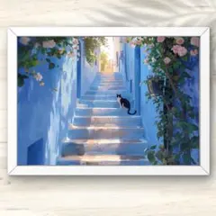 A4 青い街の階段にたたずむ猫と花の小径 アート インテリアポスター 水彩画