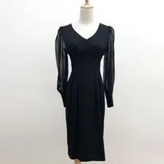 ruhot ワンピース 黒 M 綺麗め シアー袖 長袖 膝下 タイト 上品