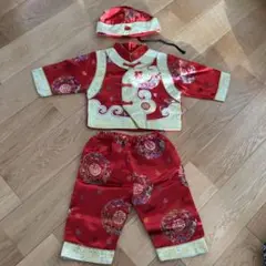 赤い中国風コスチューム 100cm~ 帽子付き