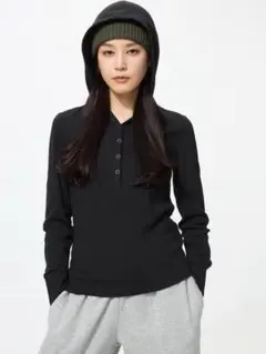 UNIQLO フーデッドリブT 長袖 ブラック