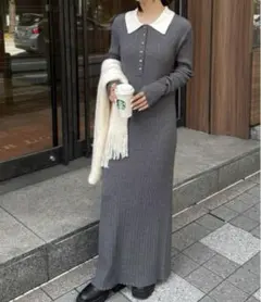 新品未使用RANAN 長袖　リブニットポロワンピース　グレー　LL