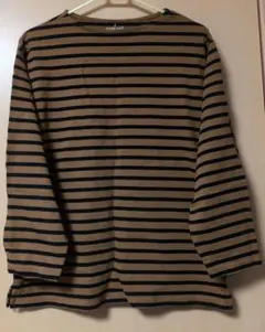 無印良品(MUJI) 茶色と黒の ボーダー七分袖ボートネックシャツ　 Sサイズ