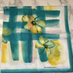 BURBERRY 大判ハンカチ 花柄 ターコイズブルー系 56cm 未使用