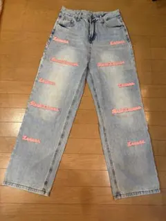 【SHEIN】ロゴ総柄デニムパンツ Lサイズ ピンクロゴ ワイドパンツ