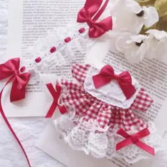 ぬい服16cm ギンガムチェックのワンピース 赤