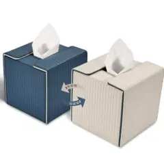 ティッシュボックス ティッシュケース 車 PUレザー 四角 縦縞 ブルー+杏色