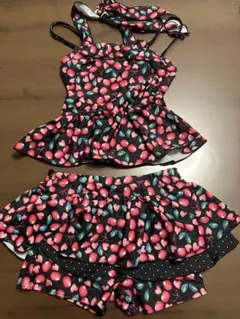 セパレート水着　120cm ブラック　チェリー　ハート　ピンク　ドット　フリル