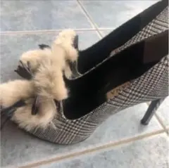 【値下げ】ダイアナ チェック柄ファーパンプス