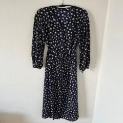 ネイビー フラワープリント 長袖ワンピース