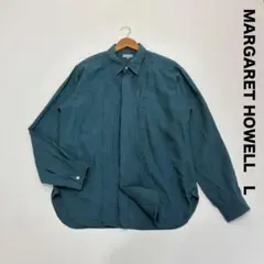 マーガレットハウエル☆タックプリーツ長袖リネンシャツ L ターコイズ