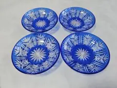 ​【美品】切子風 ガラス小皿 4枚セット ブルー 14cm レトロ 涼しげな器のサムネイル